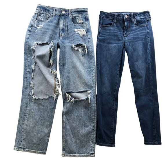 American Eagle Women Jeans Size 4 Lot Of Two Destroyed Blue Denim Casual Classic - Picture 1 of 16